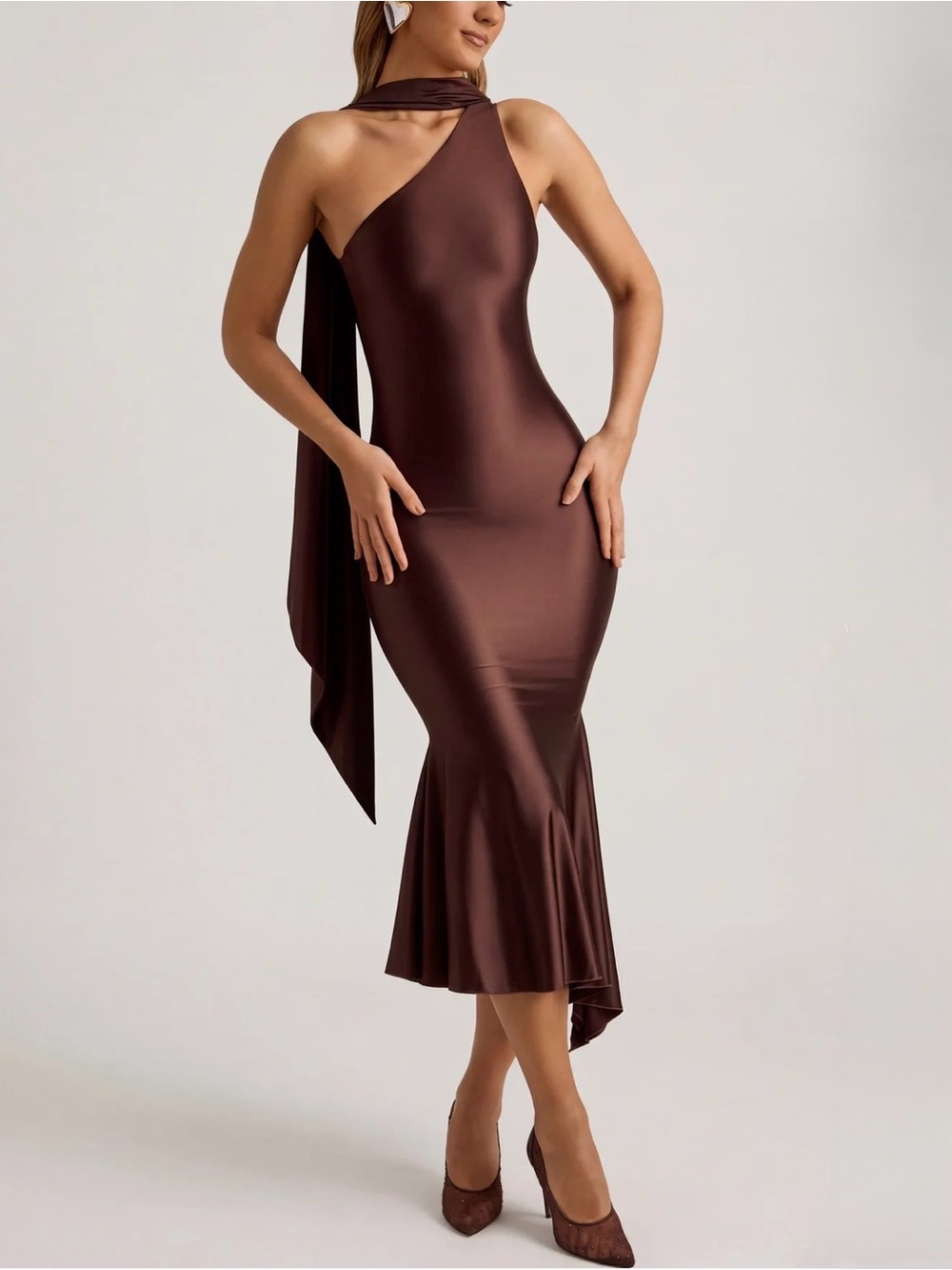 Oh Polly Shaya Asymmetric Scarf Detail Midaxi Dress Chocolate Brown US 2 New